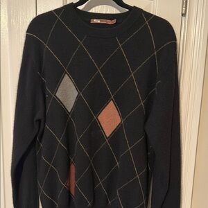 Men's Black Cashmere Crewneck Sweater with Contrast Diamonds